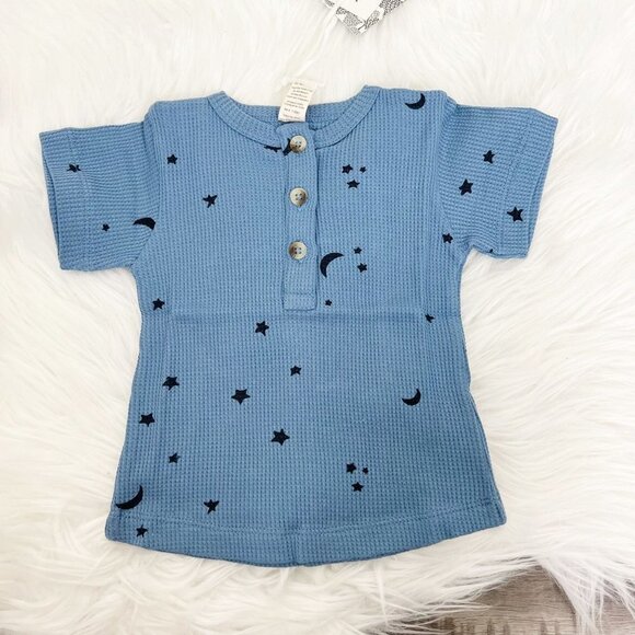 Kate Quinn Baby 6-12M Blue Night Stars Moon Short Sleeve Henley Tee Thermal - Picture 1 of 6
